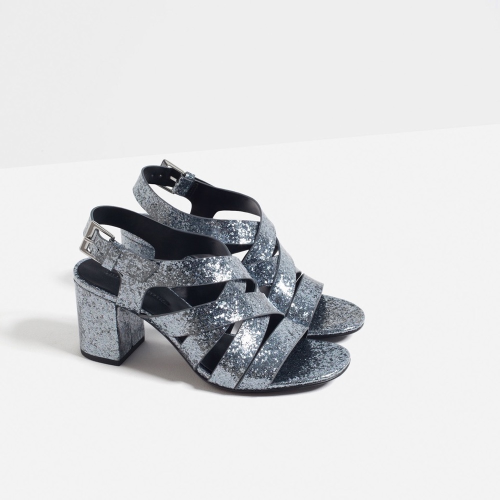 ZARA Gunmetal Metallic Glitter Cage Sandaals 9